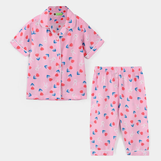 Infant Girls Viscose Nightwear (Rabbit & Flower) - Pink