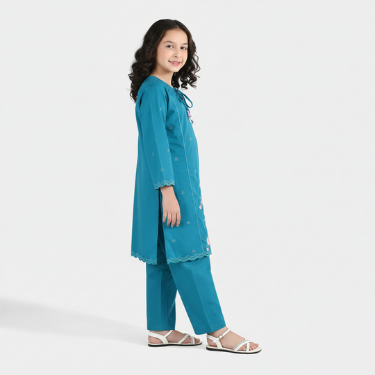 Girls Cotton Embroidery 2Pcs (Safa) - Turquoise