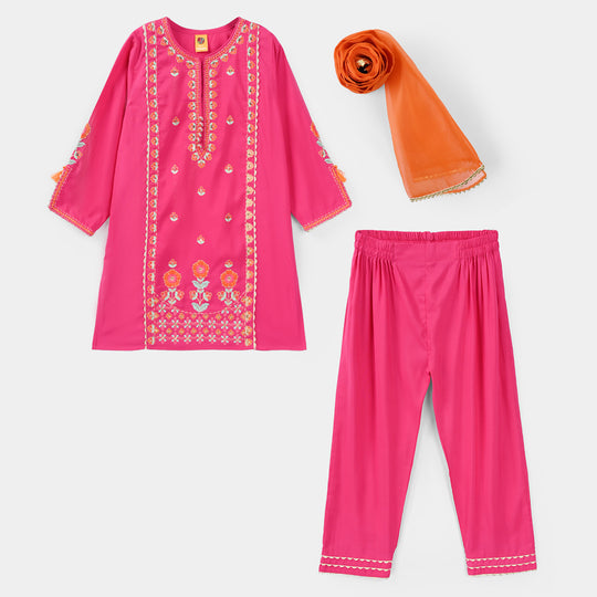 Girls Poly Cambric 3Pcs (Rangeen) – Shocking Pink