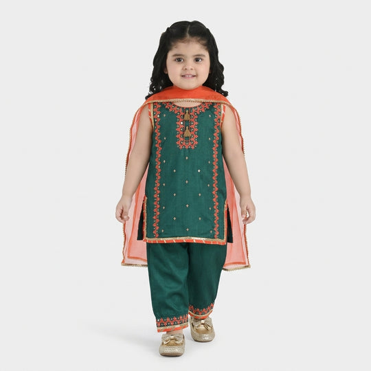 Infant Girls Raw Silk 3-Piece Set (Naqsh)-Teal Blue