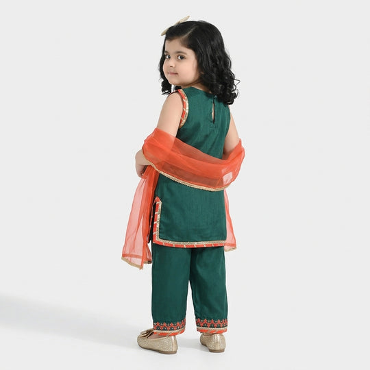 Infant Girls Raw Silk 3-Piece Set (Naqsh)-Teal Blue