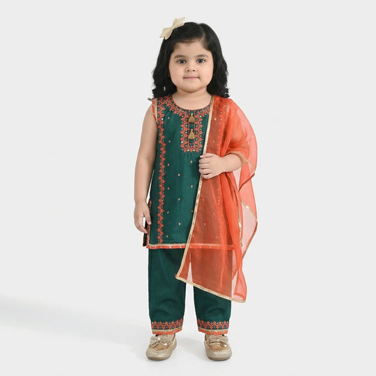 Infant Girls Raw Silk 3-Piece Set (Naqsh)-Teal Blue