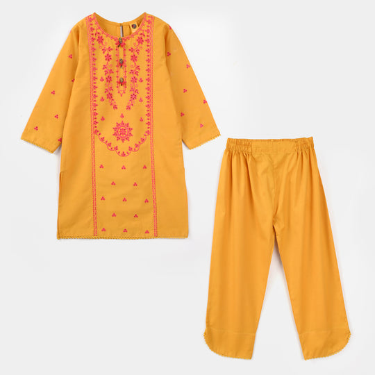 Girls Cotton Poplin Embroidered 2Pcs Yaad - Mustard