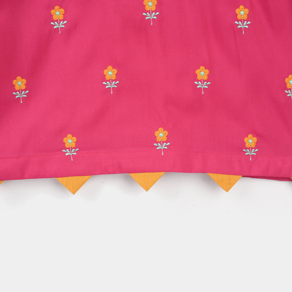 Girls Poly Cambric Embroidered Kurti Pari Noor - Shocking Pink