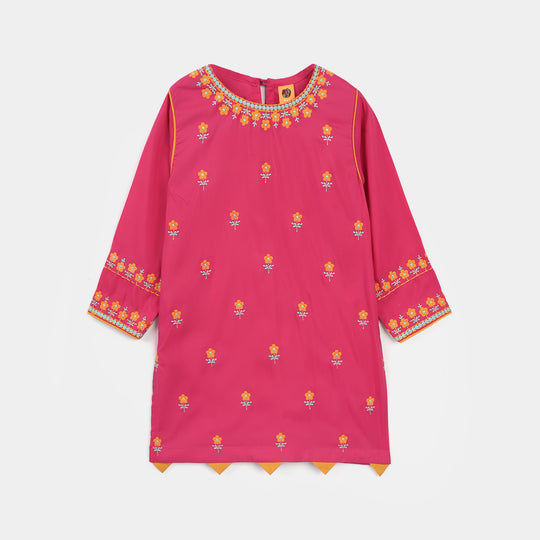 Girls Poly Cambric Embroidered Kurti Pari Noor - Shocking Pink