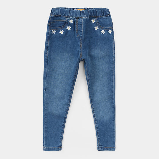 Girls Denim Stretch Jeggings (Flower) - Mid Blue