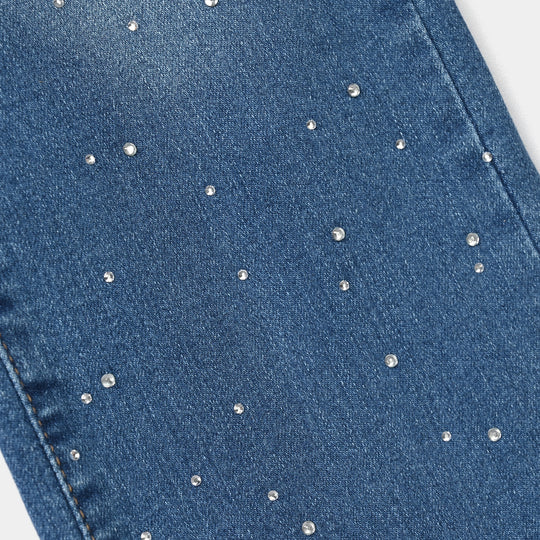 Girls Denim Stretch Jeggings (Studs) - Mid Blue