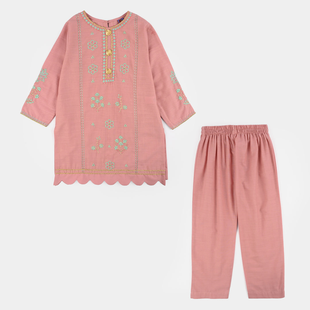 Teens Girls Cotton Slub Emb 2Pcs Mina -T.Pink