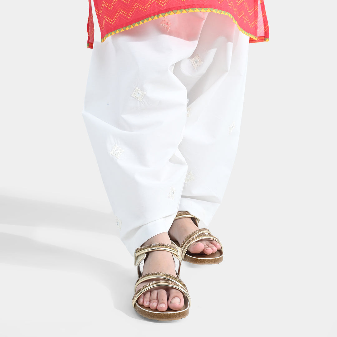 Girls Cotton Embroidered Shalwar Booti – White
