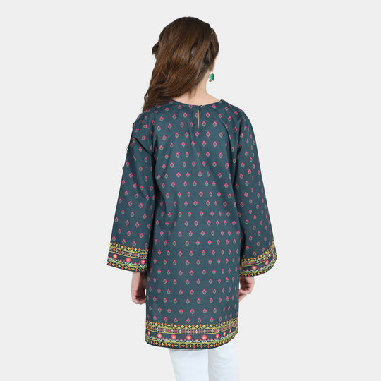 Girls Cotton Printed Kurti Eira - Teal Blue