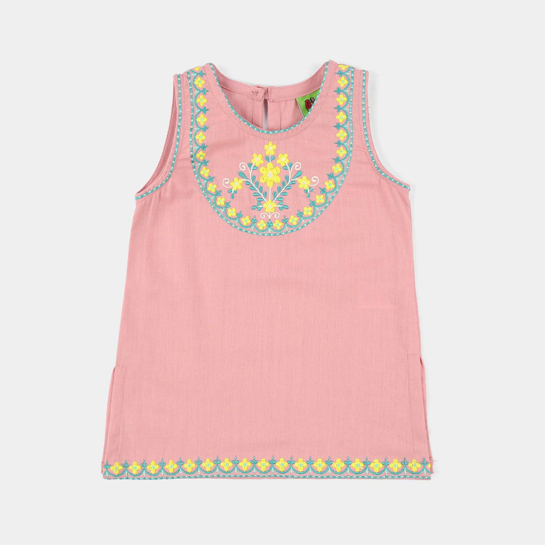 Infant Girls Cotton Slub Embroidered Kurti (Sama) - T.Pink