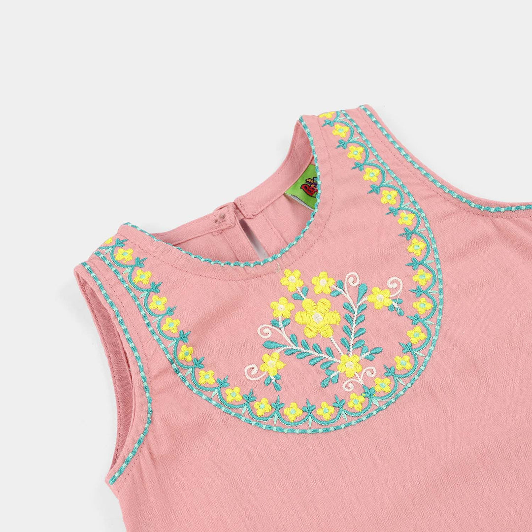 Infant Girls Cotton Slub Embroidered Kurti (Sama) - T.Pink