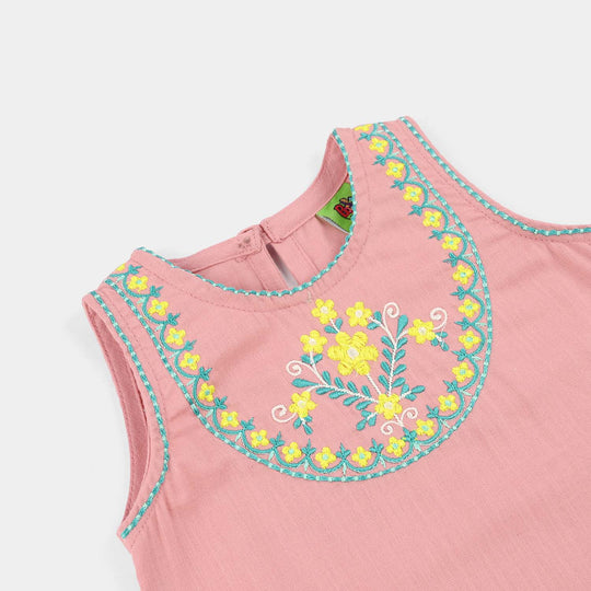 Infant Girls Cotton Slub Embroidered Kurti (Sama) - T.Pink