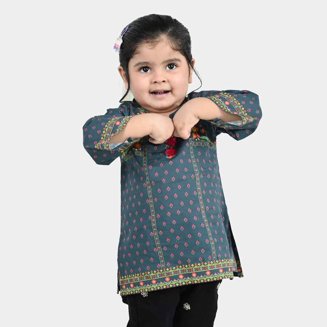 Infant Girls Cotton Printed Kurti Eira - Teal Blue