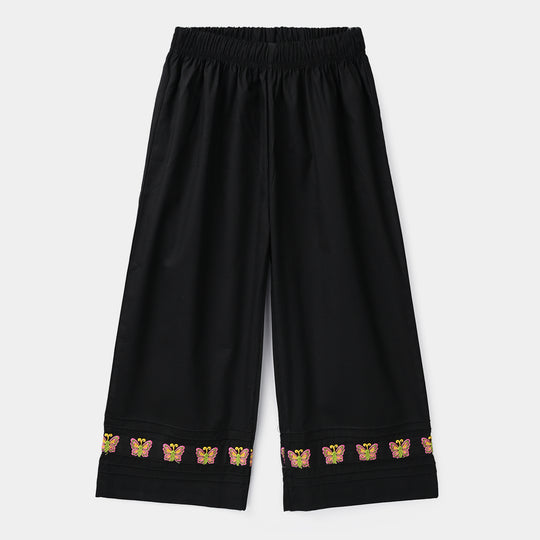 Girls Cotton Embroidered Culottes Butterfly - Black