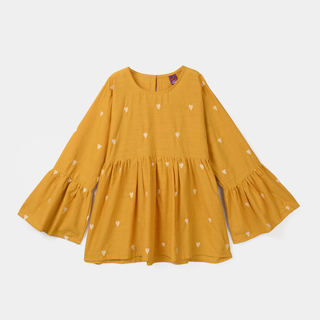 Girls Cotton Slub Emb CO-Ord Set Mustard-Mustard