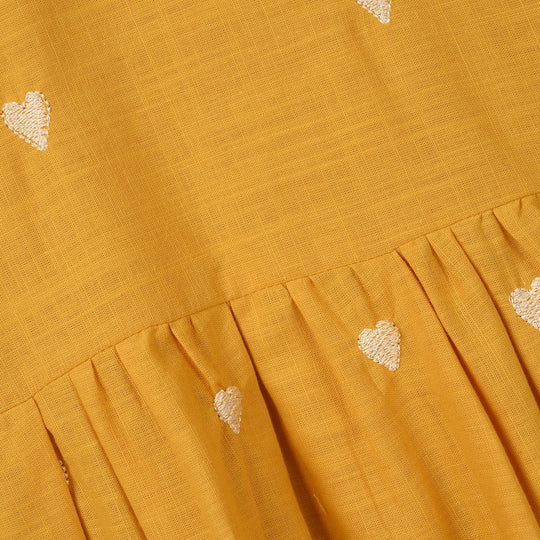 Girls Cotton Slub Emb CO-Ord Set Mustard-Mustard