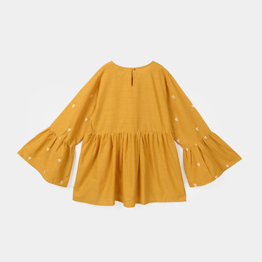 Girls Cotton Slub Emb CO-Ord Set Mustard-Mustard
