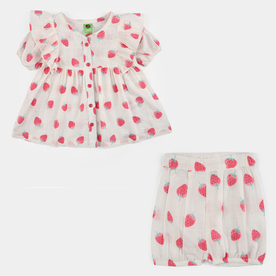Infant Girls Cotton Slub 2Pc Suit (Strawberry) - White