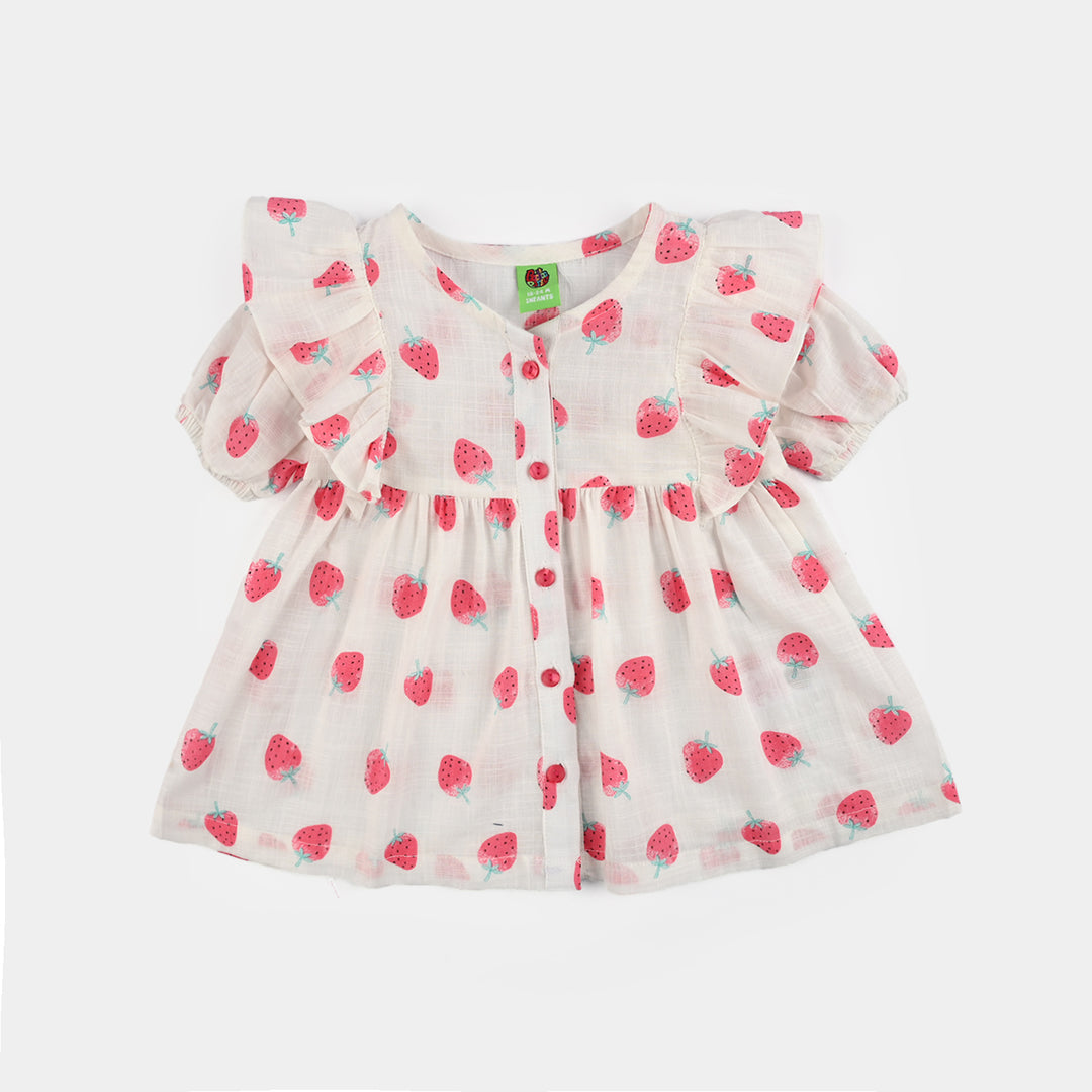 Infant Girls Cotton Slub 2Pc Suit (Strawberry) - White