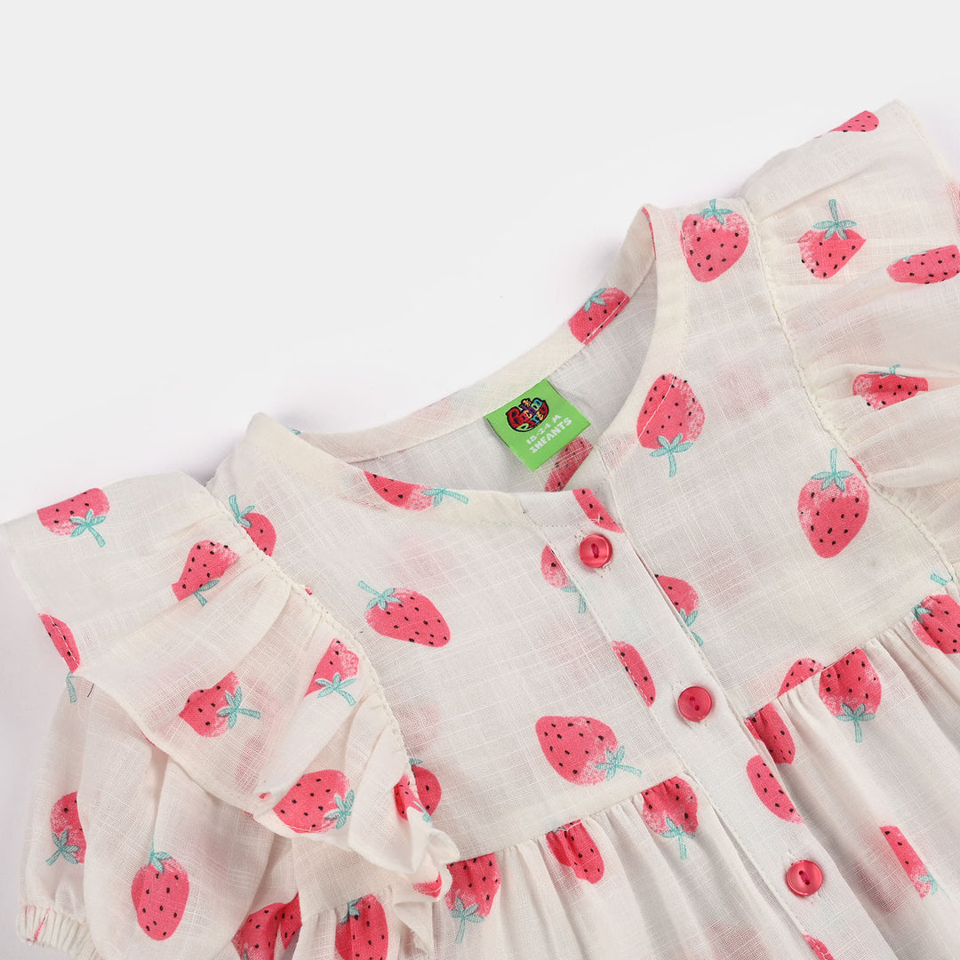Infant Girls Cotton Slub 2Pc Suit (Strawberry) - White