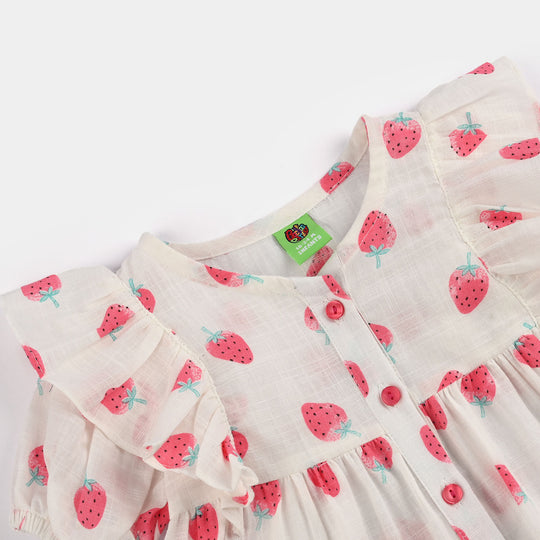 Infant Girls Cotton Slub 2Pc Suit (Strawberry) - White