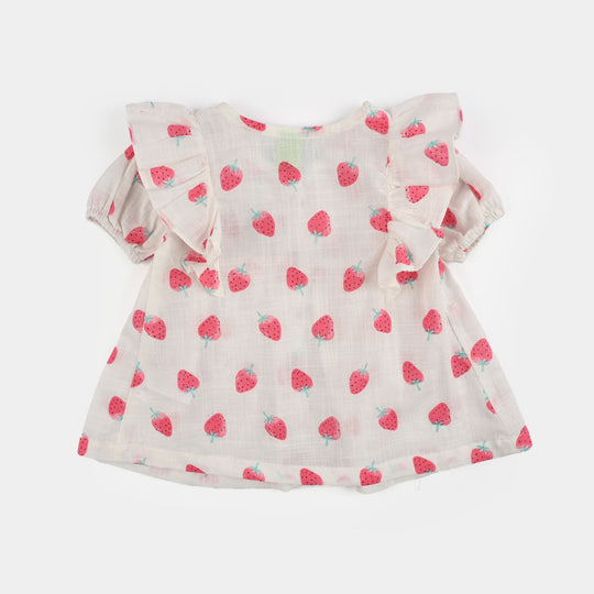 Infant Girls Cotton Slub 2Pc Suit (Strawberry) - White