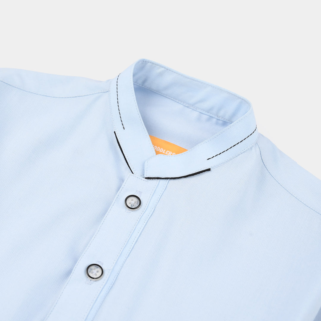 Boys Poly Viscose Kurta Pajama (Cut Collar) - Light Blue