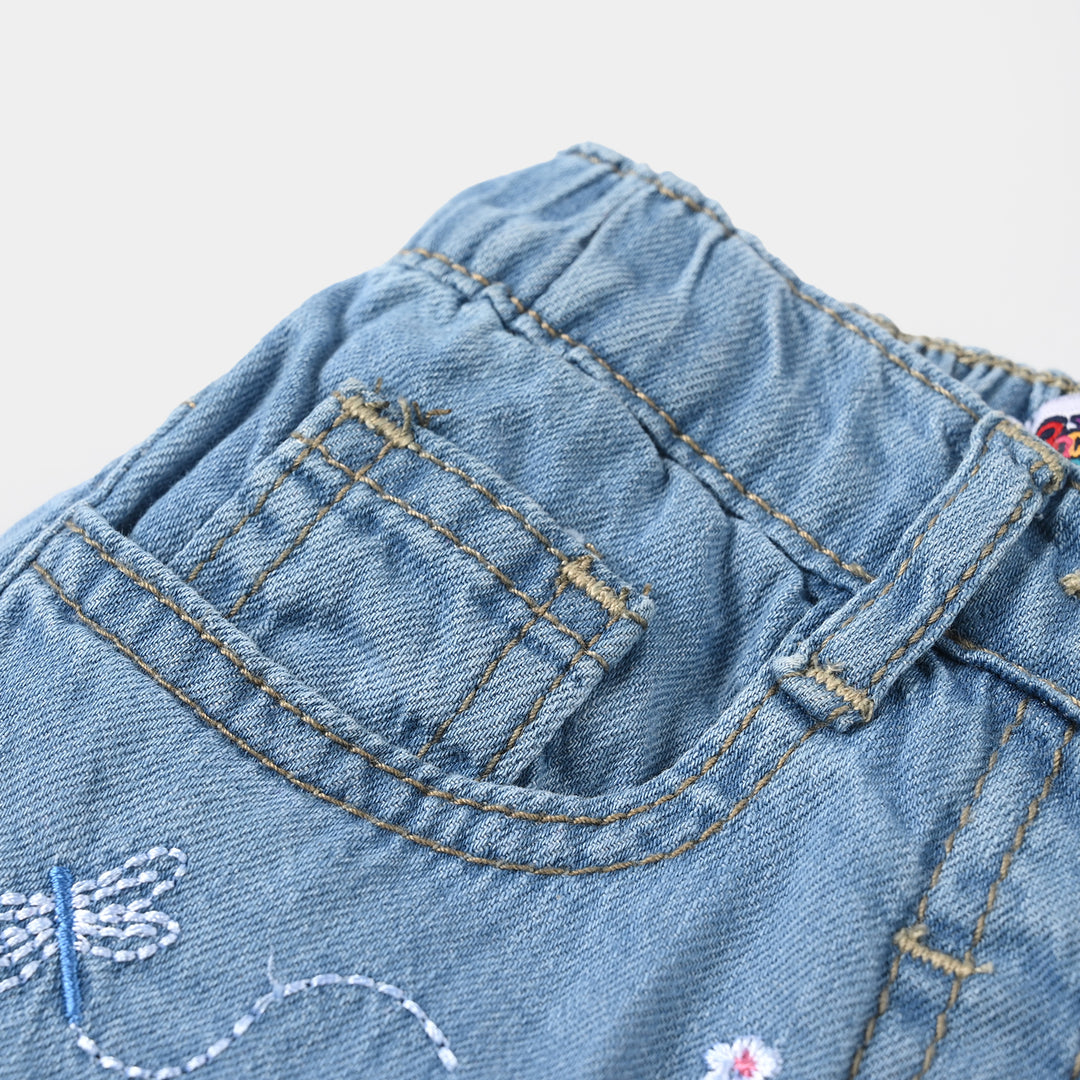 Infant Girls Embroidered Denim Stretch Shorts - Light Blue