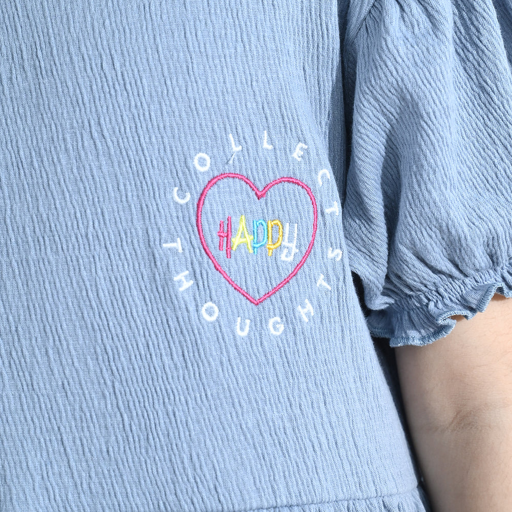 Girls Poly Crinkle Knitted Frock – Blue