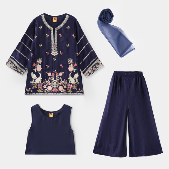 Girls Raw Silk 4Pcs Blossom - Navy Blue