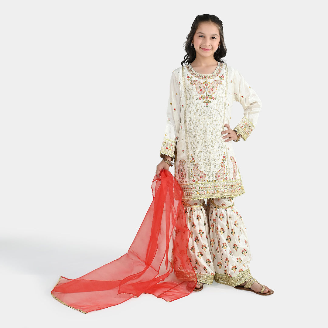 Girls Raw Silk 3-Pc Set (Mah Noor) - Off White