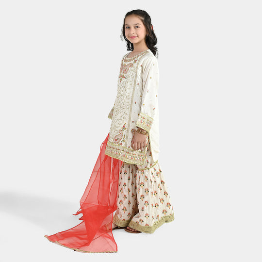 Girls Raw Silk 3-Pc Set (Mah Noor) - Off White