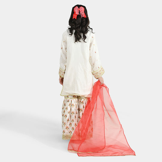 Girls Raw Silk 3-Pc Set (Mah Noor) - Off White