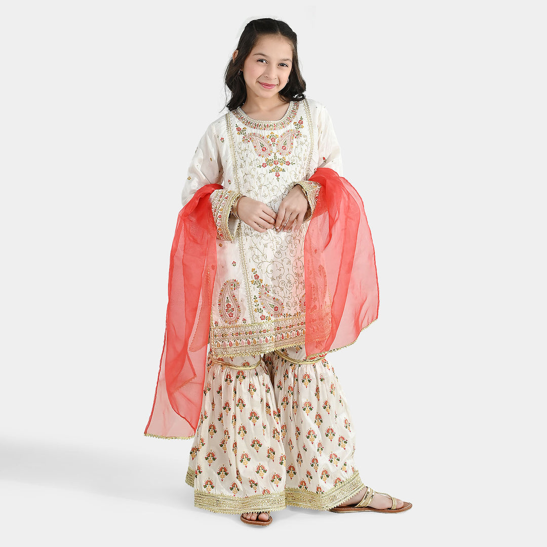 Girls Raw Silk 3-Pc Set (Mah Noor) - Off White