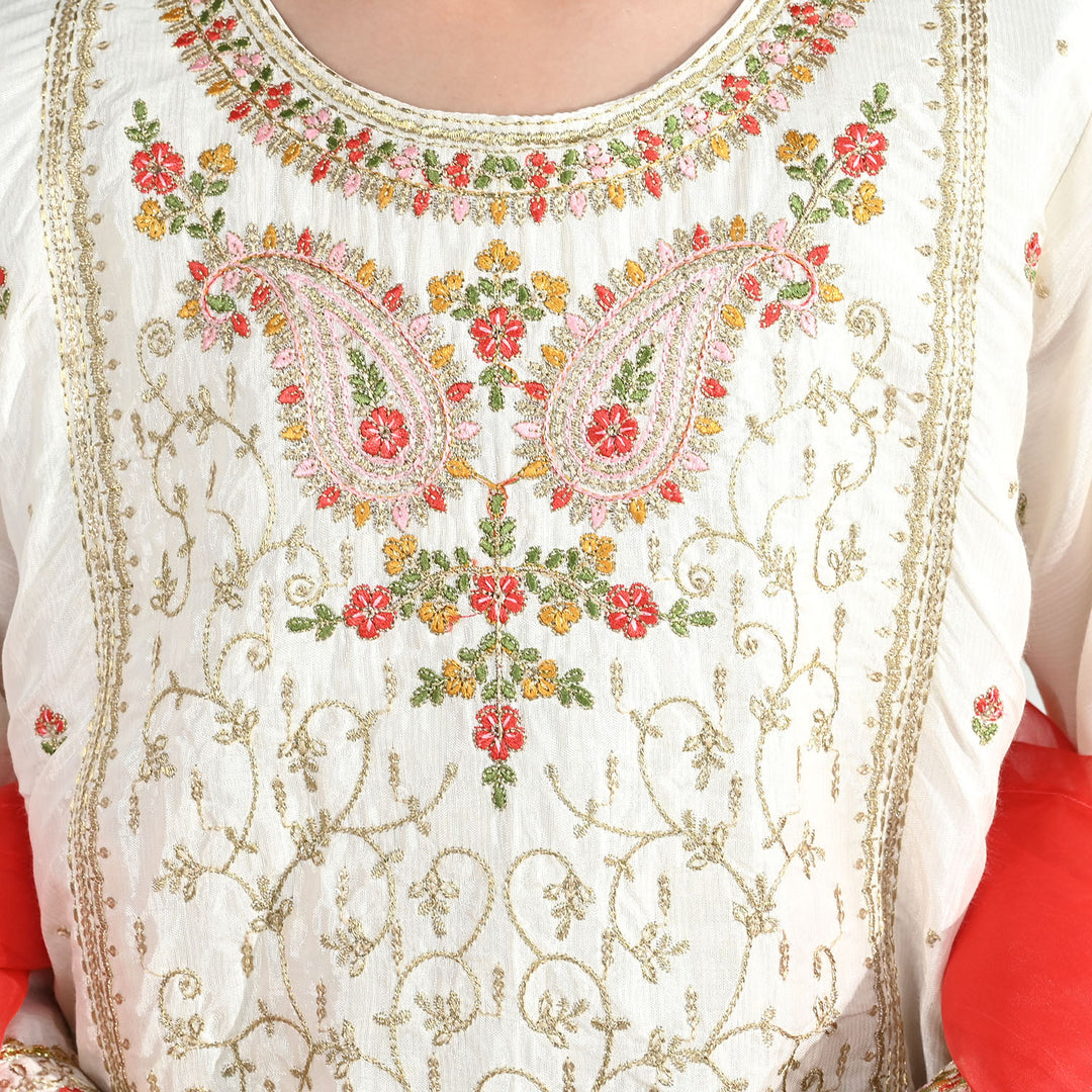 Girls Raw Silk 3-Pc Set (Mah Noor) - Off White