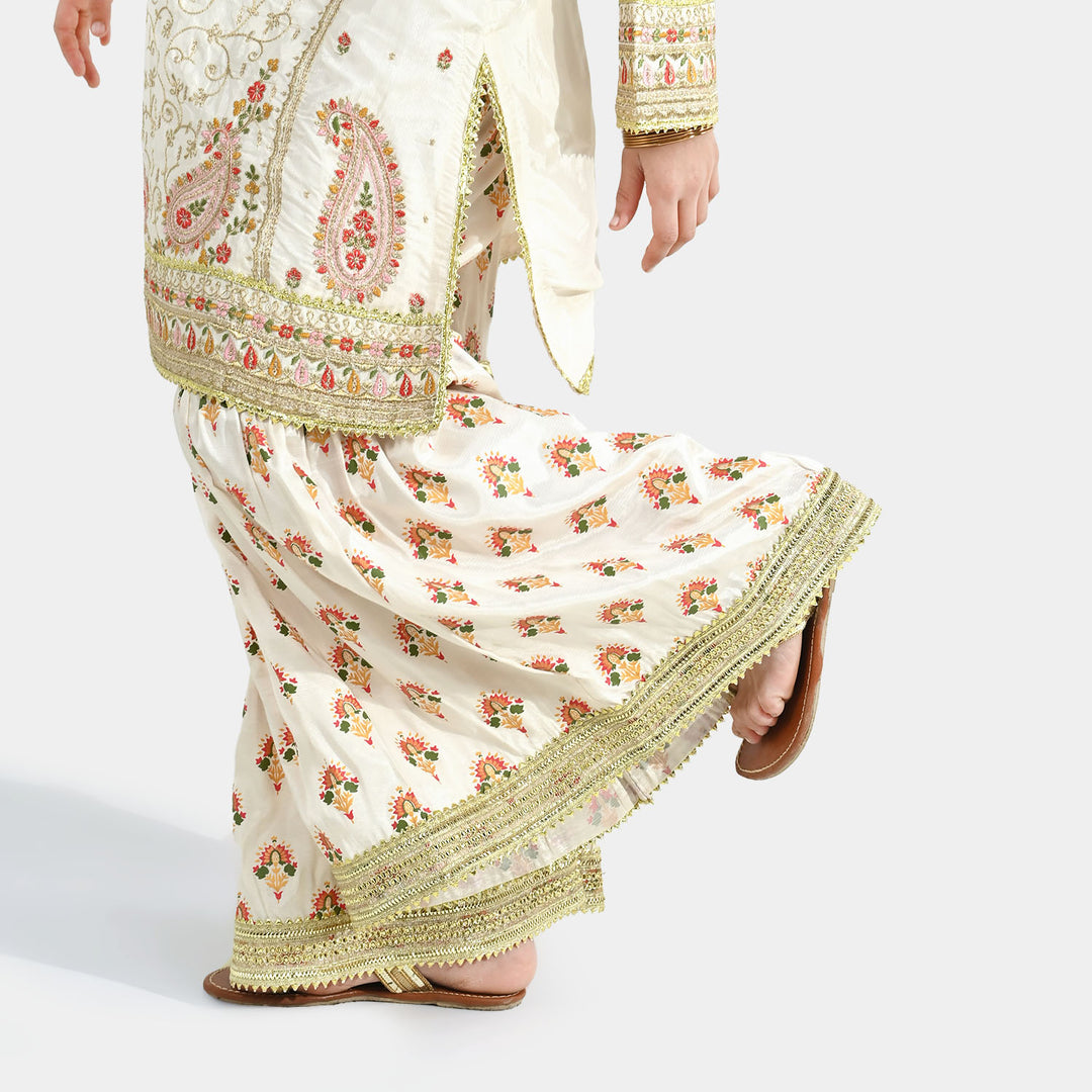 Girls Raw Silk 3-Pc Set (Mah Noor) - Off White