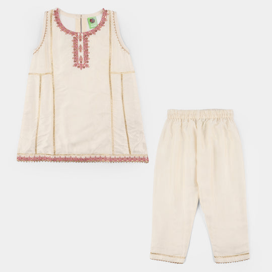 Infant Girls Raw Silk 2-Piece Pathani Set (Embroidered Lace) - Off White