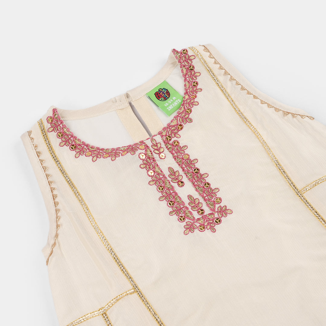 Infant Girls Raw Silk 2-Piece Pathani Set (Embroidered Lace) - Off White
