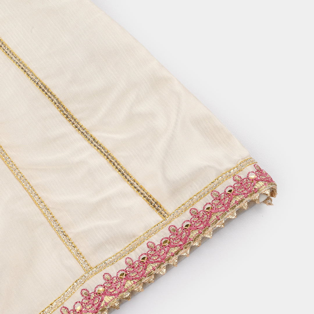 Infant Girls Raw Silk 2-Piece Pathani Set (Embroidered Lace) - Off White