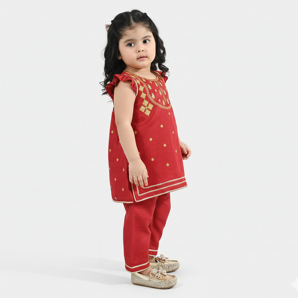 Infant Girls Raw Silk 2-Piece Zara Set - Red