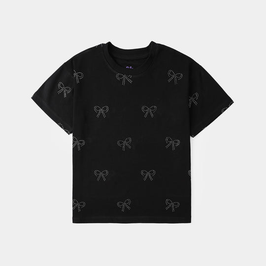 Girls Jersey/Terry T-Shirt (Bow Stud) – Black