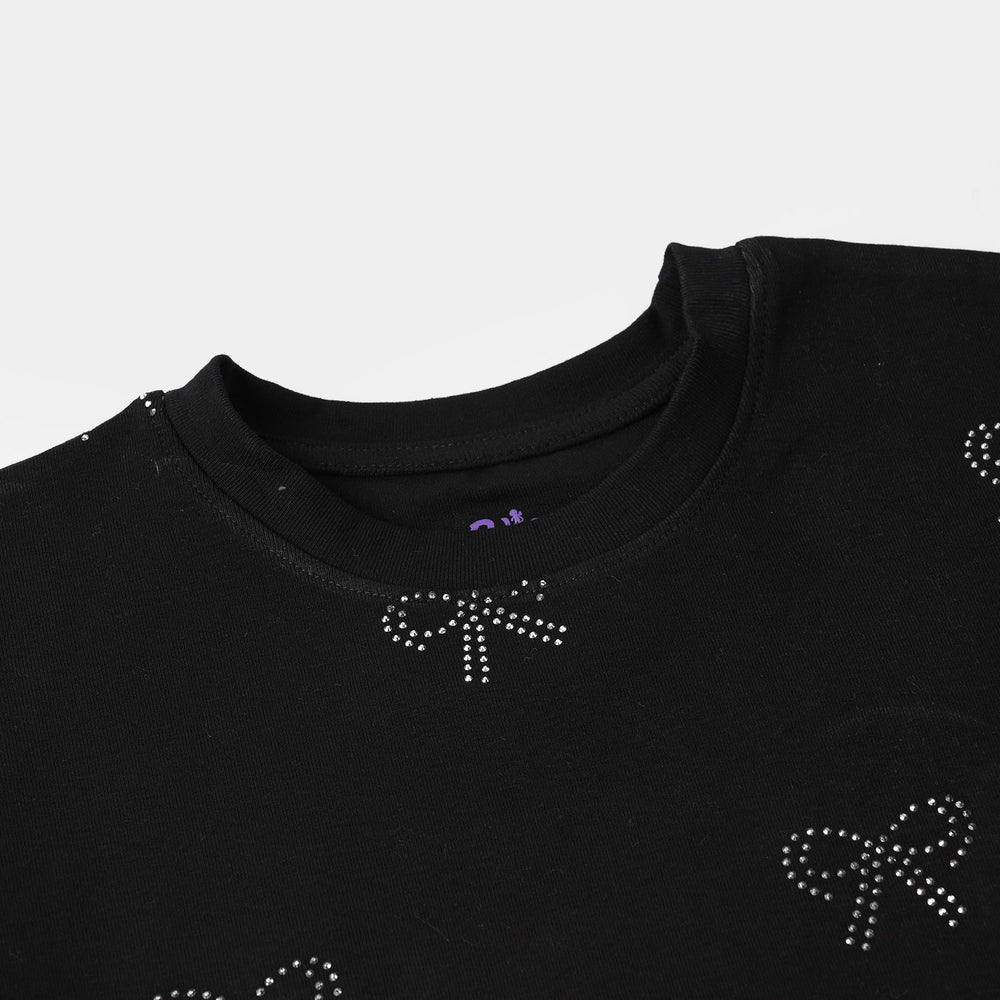Girls Jersey/Terry T-Shirt (Bow Stud) – Black