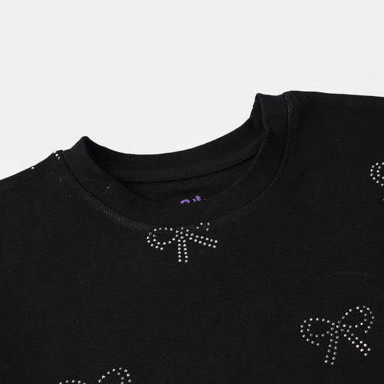 Girls Jersey/Terry T-Shirt (Bow Stud) – Black