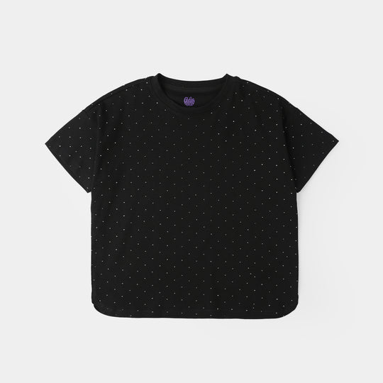 Girls Jersey/Terry T-Shirt (Silver Stud) - Black
