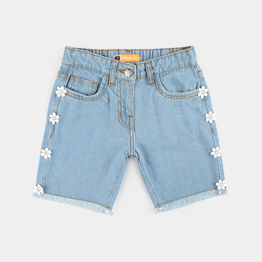 Girls Denim Stretch Shorts (Flower) - Light Blue