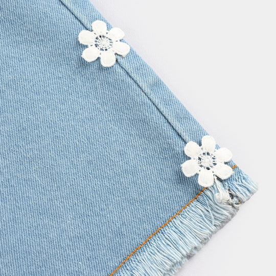 Girls Denim Stretch Shorts (Flower) - Light Blue