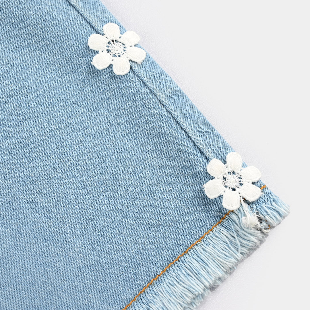 Girls Denim Stretch Shorts (Flower Sided) - Light Blue