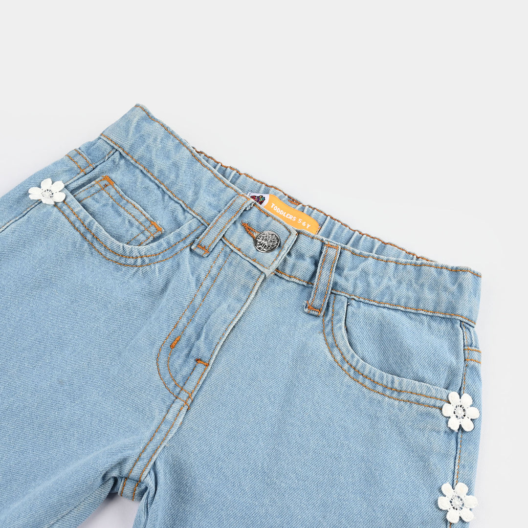 Girls Denim Stretch Shorts (Flower Sided) - Light Blue
