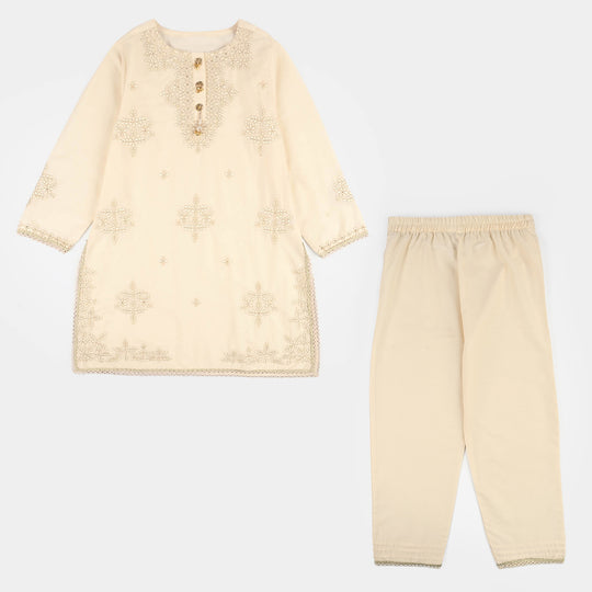 Teens Girls Cotton Embroidered 2Pcs Set (Rabab) - Off White